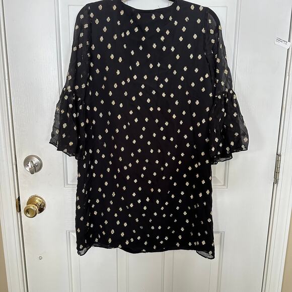 Lilly Pulitzer Dress Caroline Black Gold Silk Bell Sleeve V-Neck Tunic Mini - Picture 6 of 7